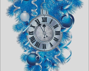 Clock countdown holiday new year christmas blue ornaments counted cross stitch pattern PDF