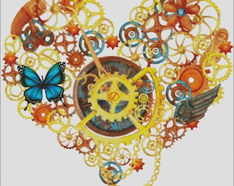 Mechanical steampunk heart digital counted cross stitch pattern PDF