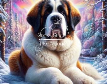 St Bernard Dog Winter Sunset Cross Stitch Pattern (Digital PDF)
