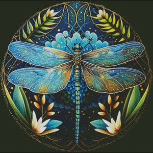 Beautiful vivid dragonfly counted cross stitch pattern digital pdf download