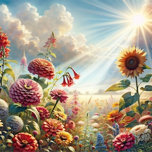 以下が含まれることがあります： 明るい太陽の下の花畑の鮮やかな絵。大きなヒマワリ、赤とピンクのジニア、その他のカラフルな野花が特徴です。空は青く、ふわふわの白い雲があり、太陽の光が差し込んでいます。