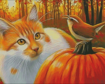 Cat and Wren bird counted cross stitch pattern PDF download