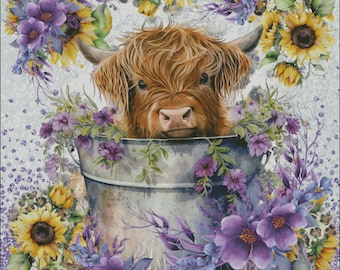 Adorable highland calf with sunflowers counted cross stitch pattern digital pdf download