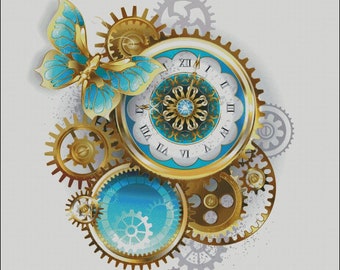 Steampunk Clock Gears Butterfly Counted Cross Stitch Pattern (Digital PDF)