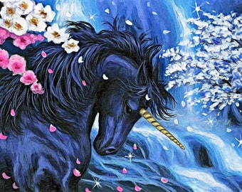 Black Unicorn with flowers fantasy counted cross stitch pattern PDF