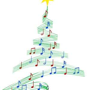 Könnte beinhalten: Ein grüner Weihnachtsbaum aus Noten mit einem gelben Stern oben. Die Noten sind in Rot, Blau und Grün. Am unteren Ende des Baumes befindet sich ein Violinschlüssel.
