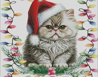 Persian cat with christmas lights kitten counted cross stitch pattern digital pdf