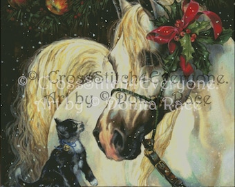 Arabian horse with kitten stable christmas ribbons counted cross stitch pattern pdf