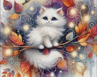 White Cat Cross Stitch Pattern: Autumn Colors (Digital PDF)