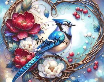 A blue jay bird vine wreath flowers counted cross stitch pattern digital pdf