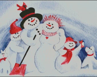 Snowman woman family cat dog winter counted cross stitch pattern PDF