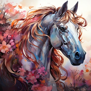 以下が含まれることがあります： 長い流れるたてがみを持つ白い馬の水彩画。馬はピンクと紫の花に囲まれています