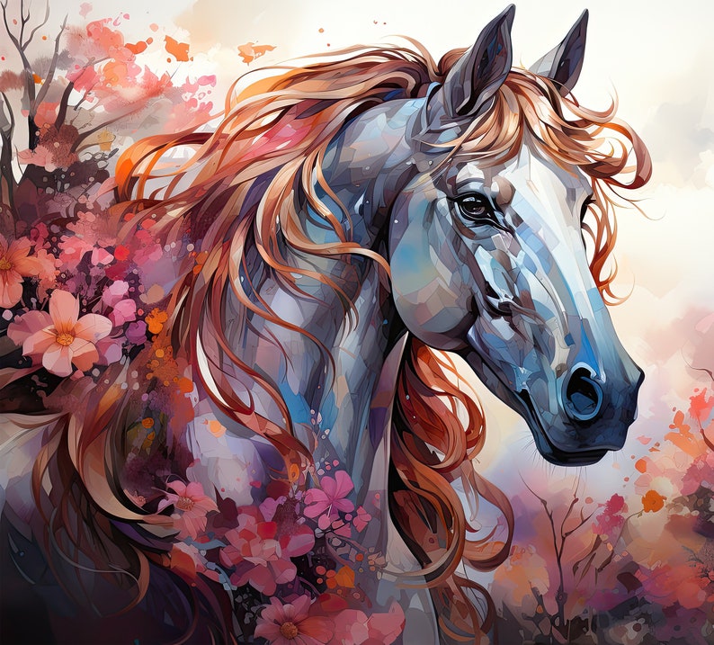 以下が含まれることがあります： 長い流れるたてがみを持つ白い馬の水彩画。馬はピンクと紫の花に囲まれています