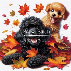 May include: A digital image featuring two dogs surrounded by autumn leaves. A black poodle is in the foreground, with a golden-brown puppy behind it. The image includes the text "Cross Stitch 4 Everyone" in white.