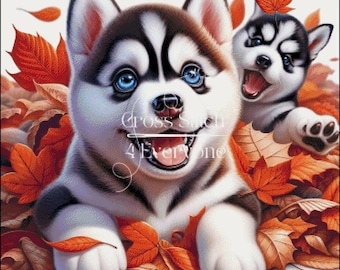 SIBERIAN HUSKY puppies in autumn leaves Cross Stitch Pattern:  (Digital PDF)