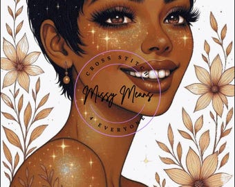 Black Woman with Flowers Cross Stitch Pattern: Bloom in Bronze (Digital PDF)