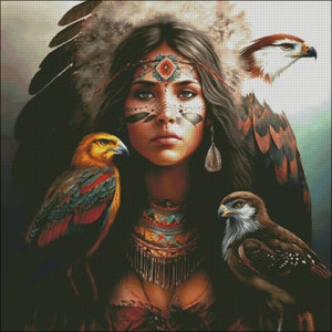 Native American Frau Jungfrau mit Raubvögel Kreuzstichmuster digitales pdf