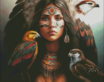 Native American woman maiden with birds of prey counted cross stitch pattern digital pdf