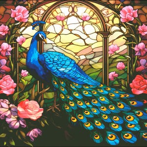 Peacock with rose flowers in stained glass fashion  counted cross stitch pattern digital pdf