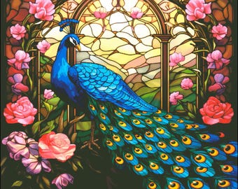 Peacock with rose flowers in stained glass fashion  counted cross stitch pattern digital pdf
