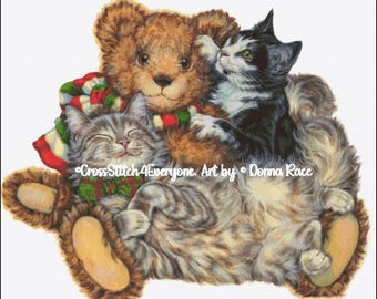 Teddy bear with fluffy cats counted cross stitch pattern digital pdf