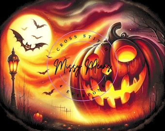 A glowing jack o lantern Halloween holiday Cross Stitch Pattern: (Digital PDF)