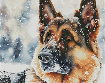 Snow covered german shepherd dog christmas winter scene counted cross stitch pattern digital pdf