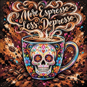 Könnte beinhalten: Eine Keramik-Kaffeetasse mit einem bunten Zuckerschädel-Design und Blumenmustern. Über der Tasse umgeben wirbelnder Dampf und Kaffeebohnen den Schriftzug More Espresso Less Depresso in einer geschwungenen Schreibschrift.
