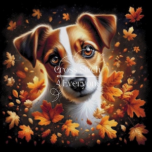 Può includere: Immagine digitale di un cane Jack Russell Terrier circondato da foglie autunnali. Il cane ha il pelo marrone e bianco e guarda direttamente lo spettatore. Il testo "Cross Stitch 4 Everyone" è presente.