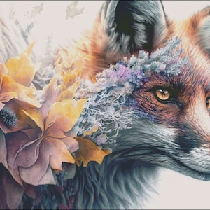 May include: A close-up of a fox's face with a floral pattern overlay. The fox has orange fur and a white muzzle. The flowers are a mix of purple, blue, and white.