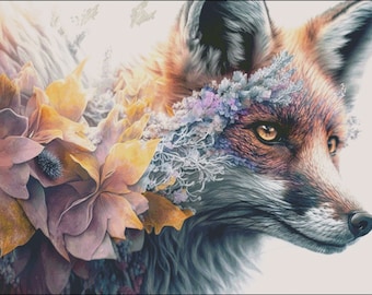 Red Fox with  flowers counted cross stitch pattern digital pdf