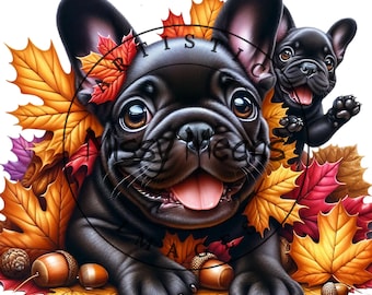 Black French Bulldog Autumn Leaves Print (PNG Digital Download)