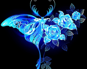 Blue Luna moth with flowers unique counted cross stitch pattern digital pdf