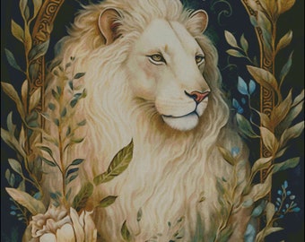 White lion with floral accents counted cross stitch pattern digital pdf download