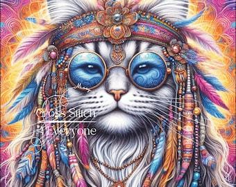 Groovy Cat Cross Stitch Pattern: Hippie Style (Digital PDF)