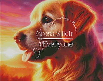 A Golden retriever dog in a golden sunset counted cross stitch pattern digital pdf