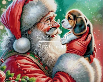 Santa claus and beagle hound puppy christmas Counted Cross Stitch Pattern (Digital PDF)