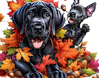PRINT of black great dane puppies in Autumn leaves hi res illustration for prints canvas puzzles any print on demand