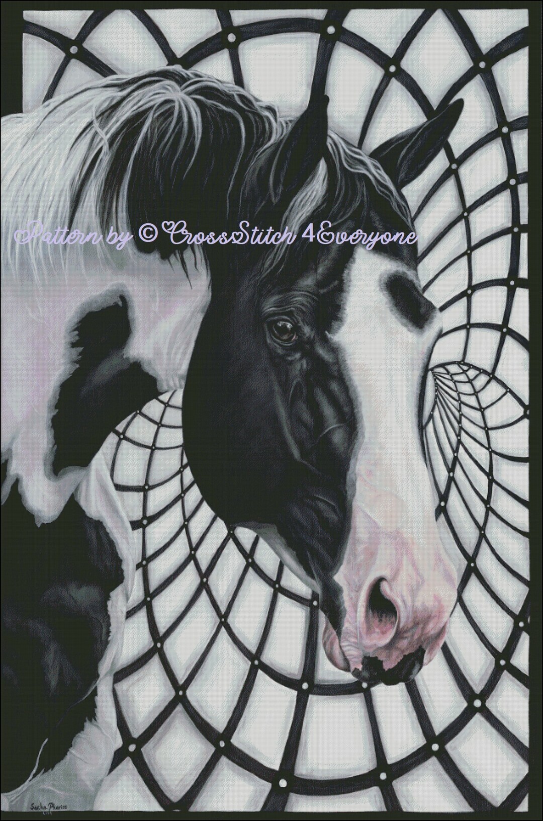 Black and White Pinto Horse Paint With bing Counted Cross Stitch