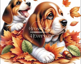 Basset puppies in autumn leaves Cross Stitch Pattern:  (Digital PDF)