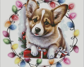 Corgi dog with christmas lights counted cross stitch pattern digital pdf