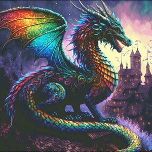 Dragon with castle fantasy counted cross stitch pattern digital pdf