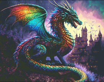 Dragon with castle fantasy counted cross stitch pattern digital pdf