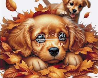 GOLDEN CAVALIER puppies in autumn leaves Cross Stitch Pattern:  (Digital PDF)