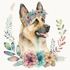 German Shepherd dog boho style with flowers and feathers counted cross stitch pattern digital pdf