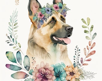 Boho German Shepherd with Flowers Cross Stitch Pattern (Digital PDF)