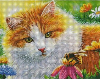 Cat with bumble bee  counted cross stitch pattern PDF