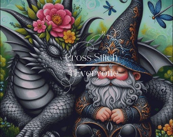Gnome and Sleeping Dragon Cross Stitch Pattern (Digital PDF)