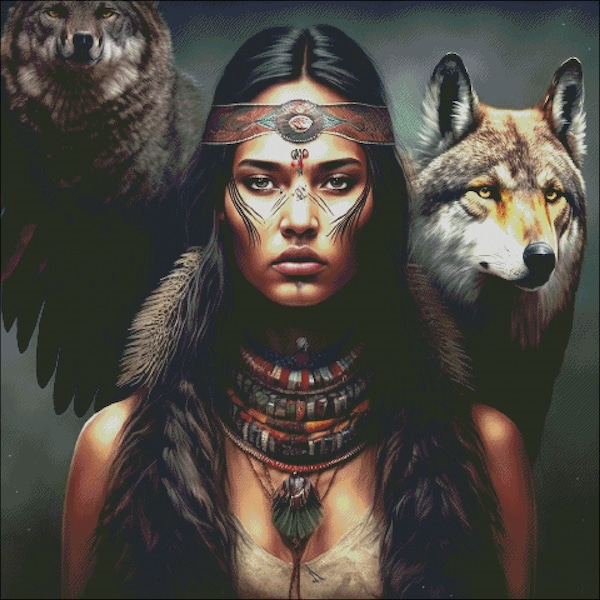 Native American woman maiden with wolf and coyote counted cross stitch pattern digital pdf