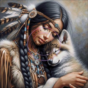 Puede incluir: Una mujer nativa americana con largas trenzas negras y un tocado de plumas está sosteniendo un lobo blanco cerca de ella. Lleva un collar de cuentas y una diadema de cuero con un diseño de plumas. La mujer y el lobo tienen los ojos cerrados, lo que sugiere una conexión pacífica y cariñosa.